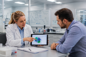 pharmacist explaining biosimilar therapy switch with patient trust interchangeability and monitoring pathway