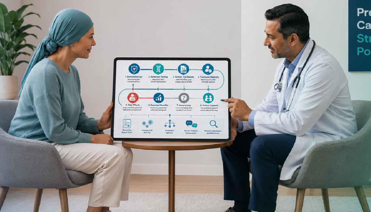 cancer patient discussing immunotherapy precision medicine molecular testing and treatment decisions with oncologist