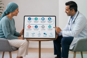 cancer patient discussing immunotherapy precision medicine molecular testing and treatment decisions with oncologist