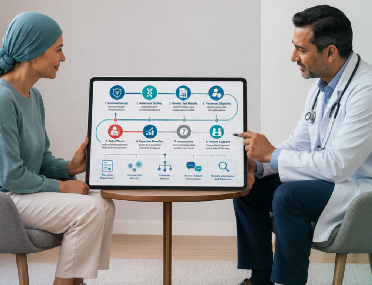 cancer patient discussing immunotherapy precision medicine molecular testing and treatment decisions with oncologist