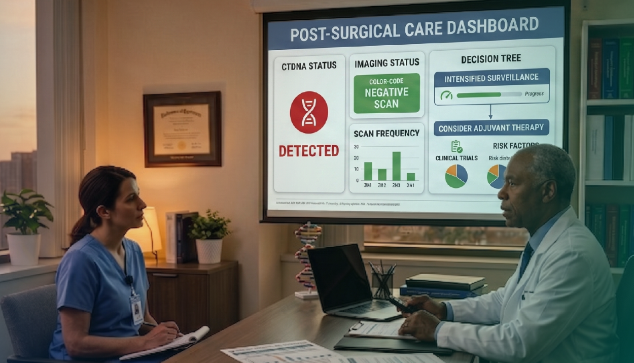 oncologist reviewing positive ctDNA liquid biopsy result with negative imaging and treatment decision pathway