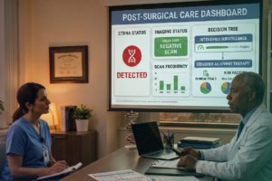 oncologist reviewing positive ctDNA liquid biopsy result with negative imaging and treatment decision pathway