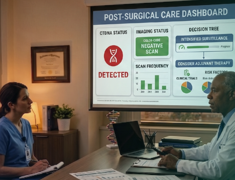 oncologist reviewing positive ctDNA liquid biopsy result with negative imaging and treatment decision pathway