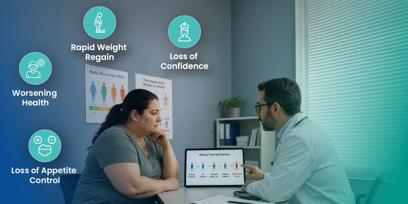obesity treatment pathway showing weight regain concern after stopping treatment and need for maintenance support