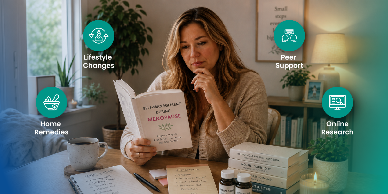 women managing menopause through lifestyle changes home remedies peer support online sources and medical care