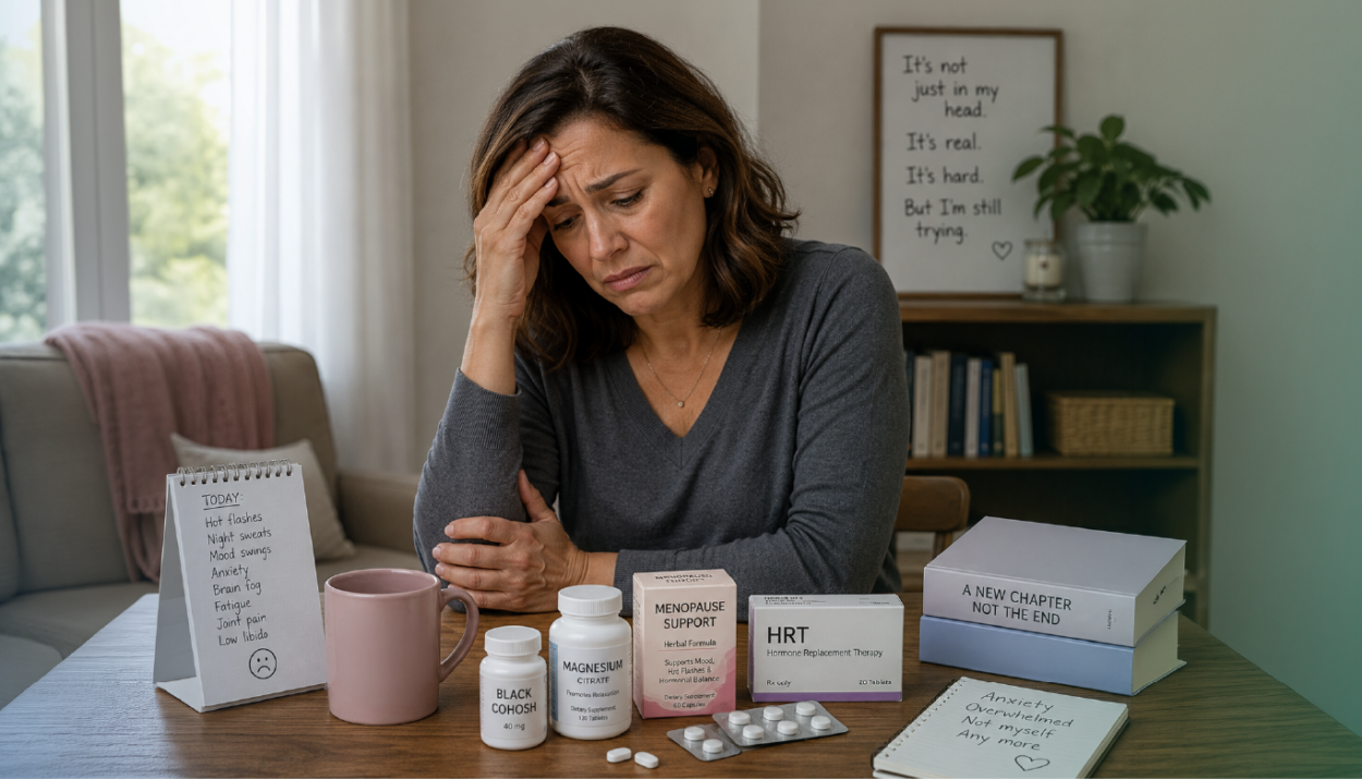 midlife woman reflecting on menopause symptoms including sleep disruption mood changes brain fog and late recognition