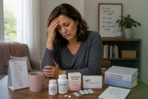 midlife woman reflecting on menopause symptoms including sleep disruption mood changes brain fog and late recognition