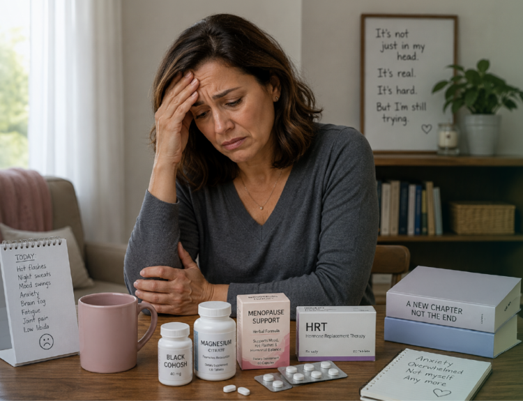 midlife woman reflecting on menopause symptoms including sleep disruption mood changes brain fog and late recognition