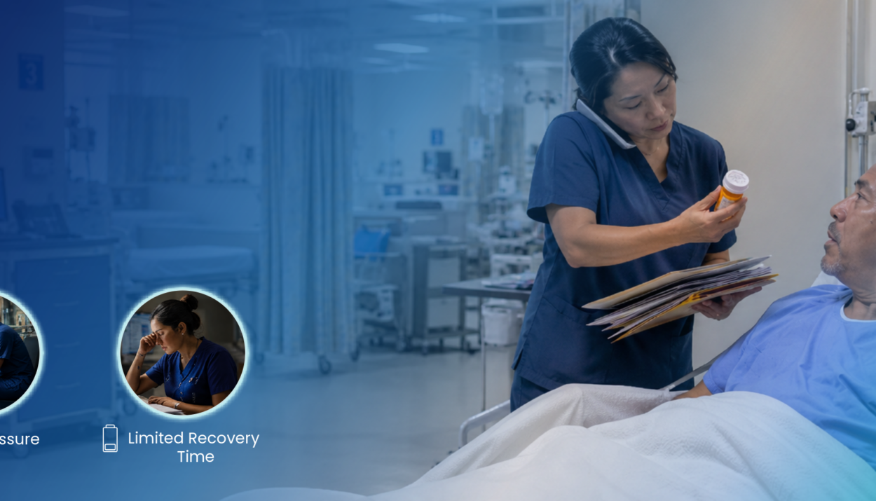 nurse balancing bedside care documentation staffing pressure and limited recovery time in a hospital setting