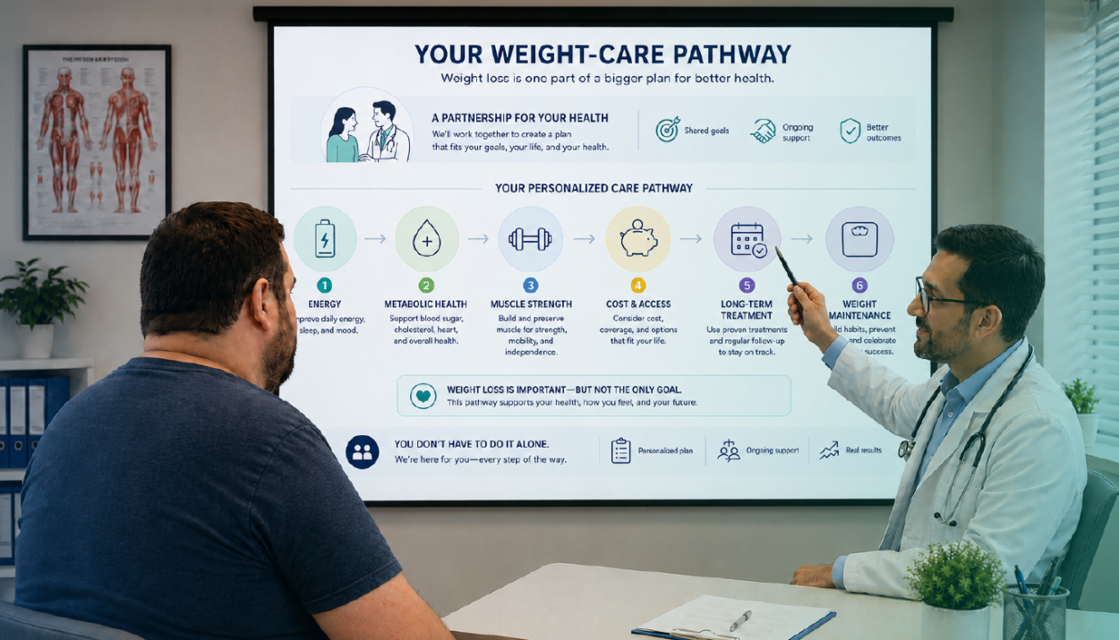 person living with obesity reviewing long-term weight management plan with healthcare provider