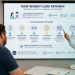 person living with obesity reviewing long-term weight management plan with healthcare provider