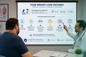 person living with obesity reviewing long-term weight management plan with healthcare provider