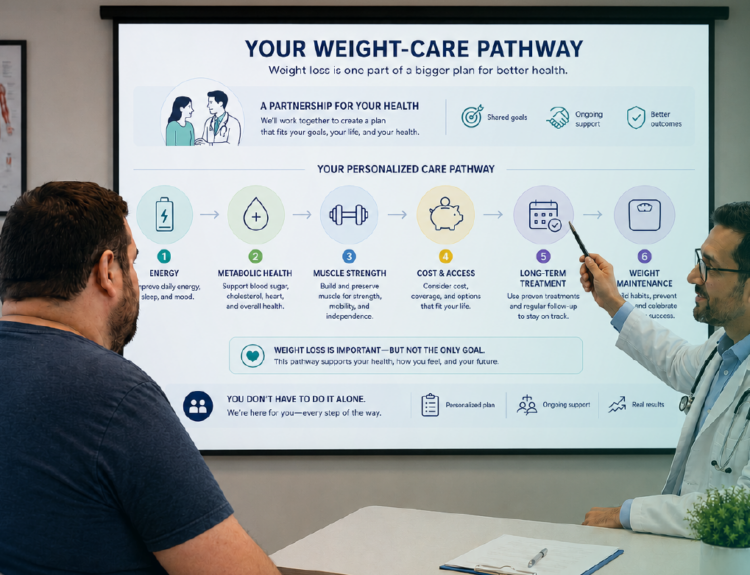 person living with obesity reviewing long-term weight management plan with healthcare provider