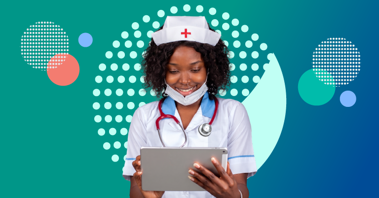 Nurse taking paid surveys online for extra income.