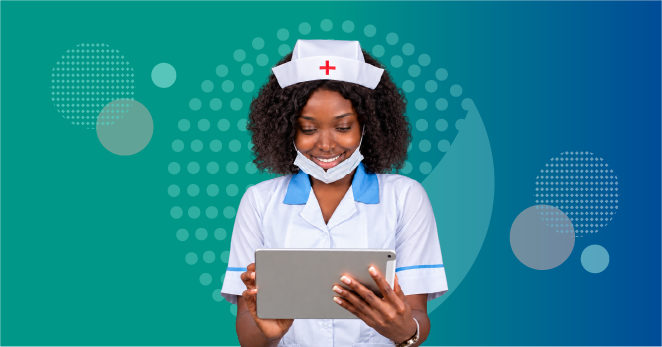 Nurse taking paid surveys online for extra income.