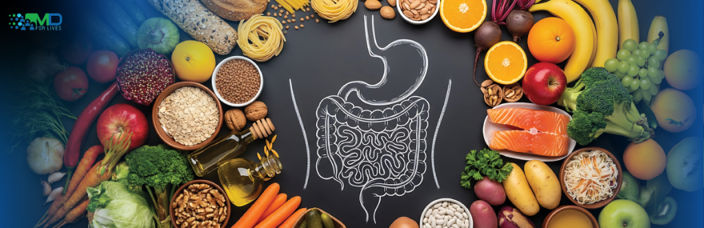 diet and gut health with diverse foods supporting gut microbiome