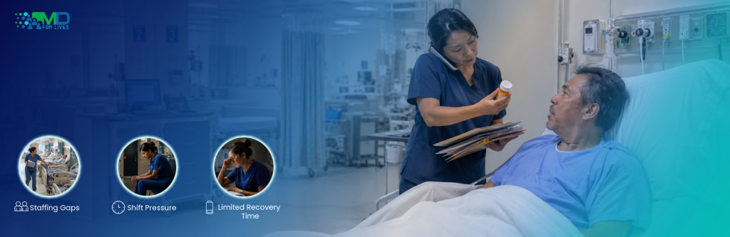 nurse balancing bedside care documentation staffing pressure and limited recovery time in a hospital setting