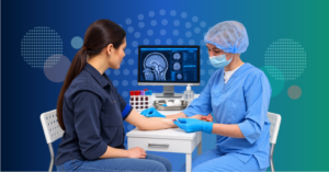 neurologist discussing Alzheimer blood test results with older patient during early diagnosis and treatment assessment