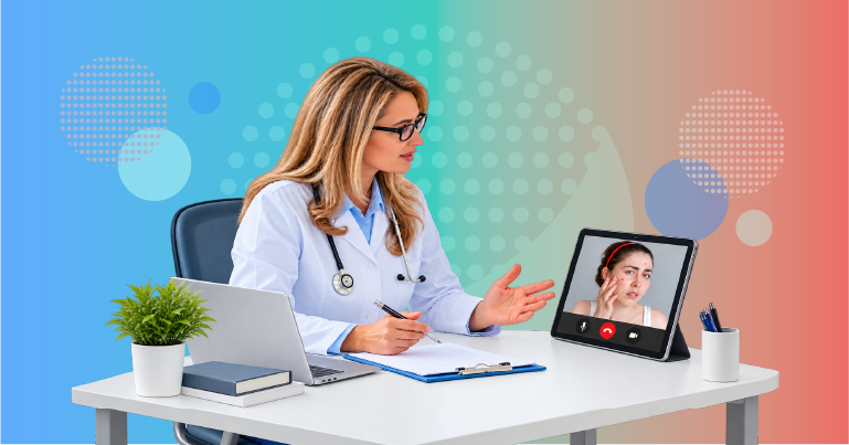 dermatologist reviewing patient skin photos during an online dermatology consultation and deciding whether further assessment is needed