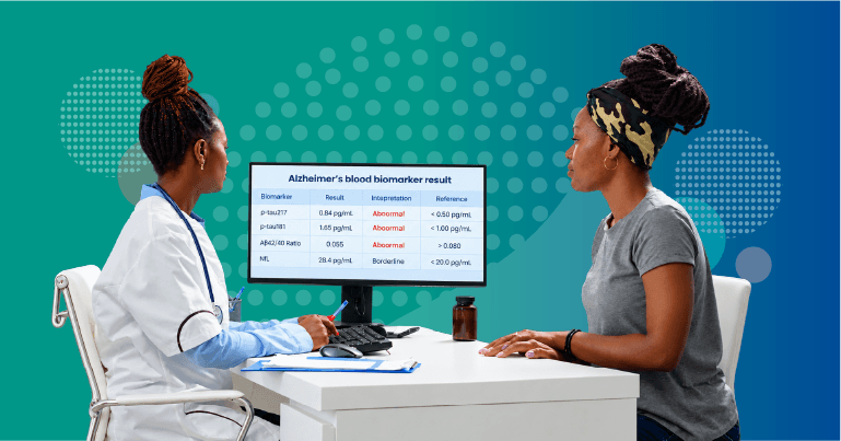 neurologist reviewing Alzheimer’s blood biomarker result with confirmatory testing and care pathway planning