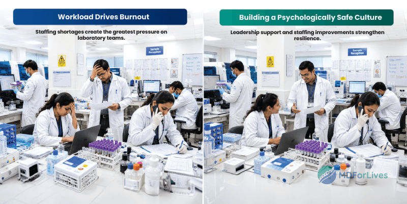 laboratory burnout infographic showing workload staffing shortages and capacity as key drivers of resilient lab culture
