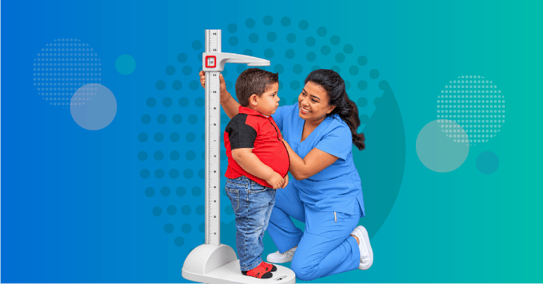 pediatrician discussing structured childhood obesity care pathway with child and caregiver