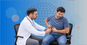 gastroenterologist reviewing IBD care pathway with biologics advanced therapies treat-to-target goals and access barriers