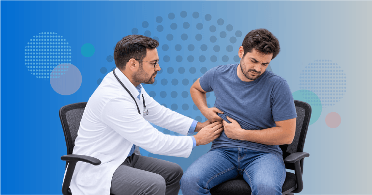 gastroenterologist reviewing IBD care pathway with biologics advanced therapies treat-to-target goals and access barriers