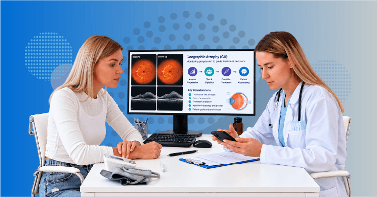 retina specialist reviewing geographic atrophy imaging and treatment decision pathway with patient counseling