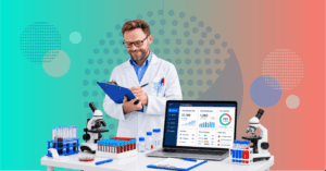 laboratory manager reviewing turnaround time dashboard with workflow testing verification automation and staffing pressure