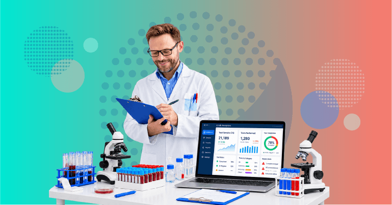 laboratory manager reviewing turnaround time dashboard with workflow testing verification automation and staffing pressure