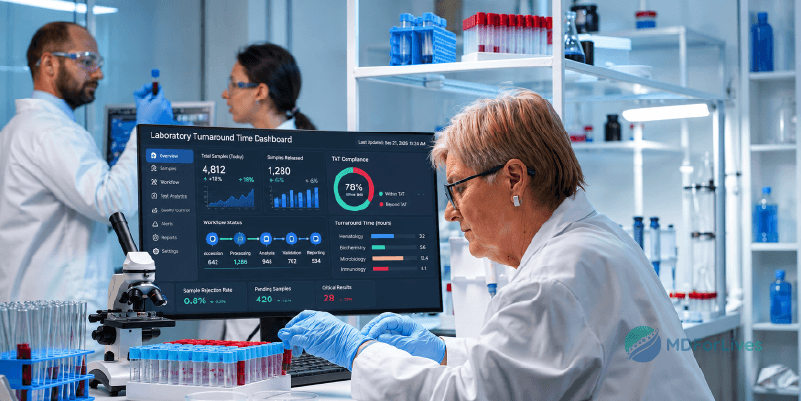 laboratory turnaround time infographic showing demand pressure workflow delays and staff workload sustainability