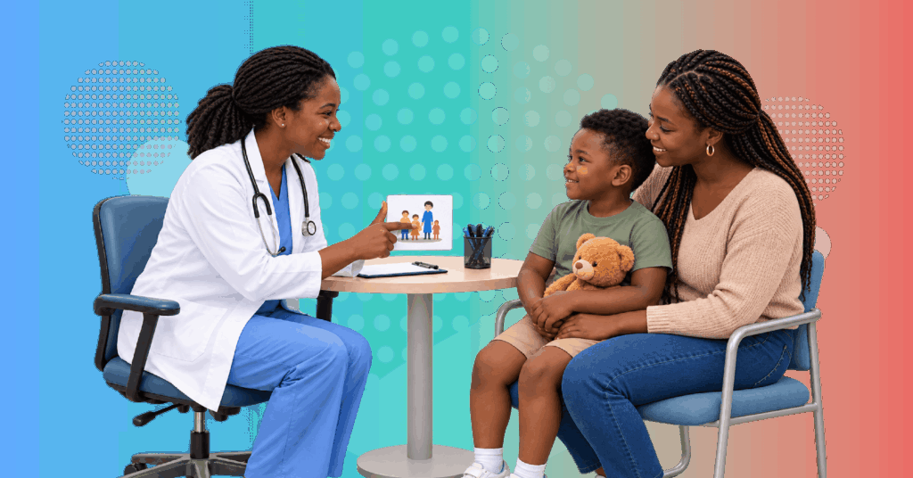 pediatrician discussing developmental milestones with parent while observing toddler during early developmental assessment