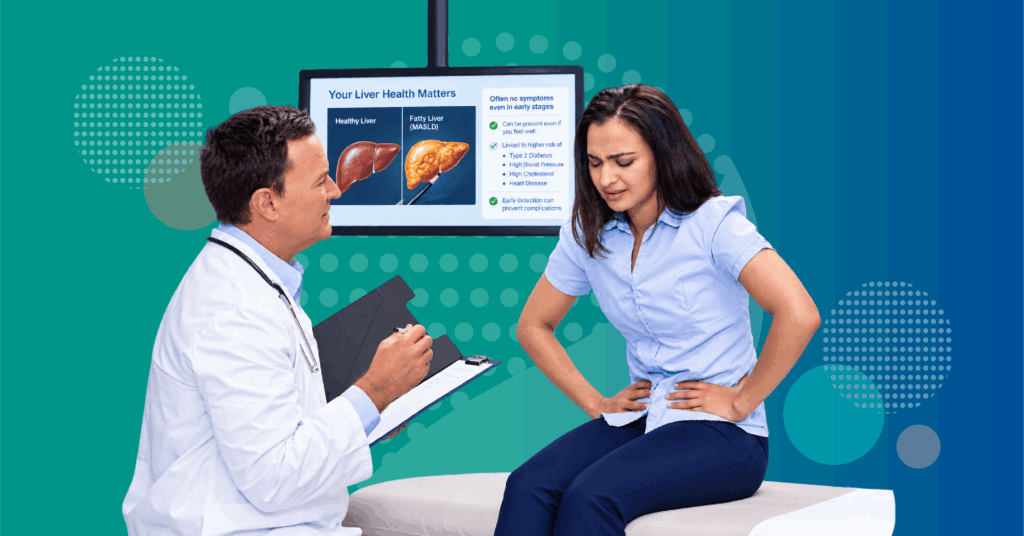 hepatologist reviewing liver test results with patient showing silent MASLD liver disease and metabolic risk factors