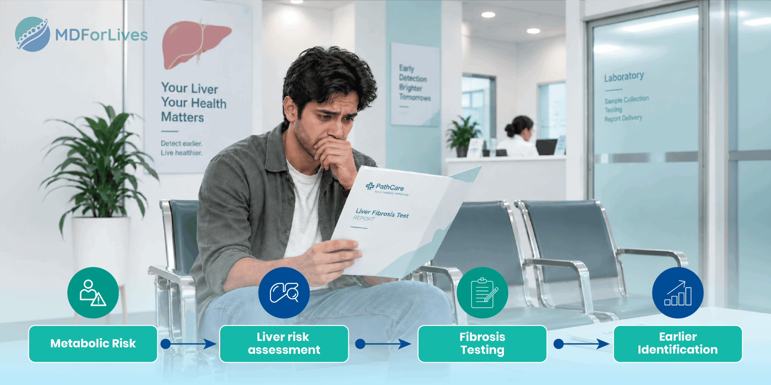 MASLD liver disease infographic showing metabolic risk liver assessment fibrosis testing and earlier detection before symptoms 