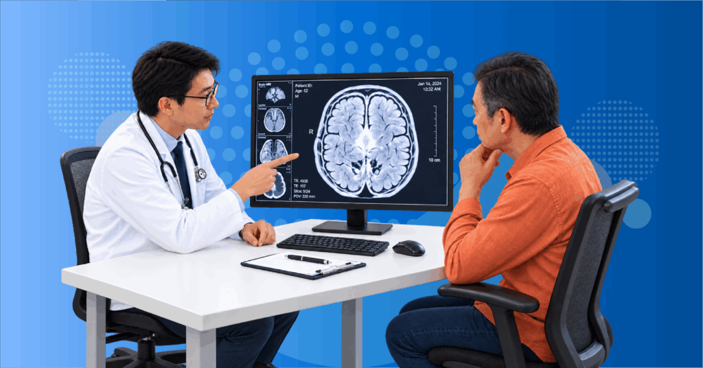 neurologist reviewing acute stroke care pathway with thrombolysis timing thrombectomy transfer imaging and post-discharge prevention gaps