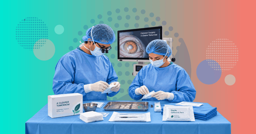 ophthalmic surgical team preparing for cataract surgery with sterile instruments disposable packs and medical packaging highlighting sustainable surgery