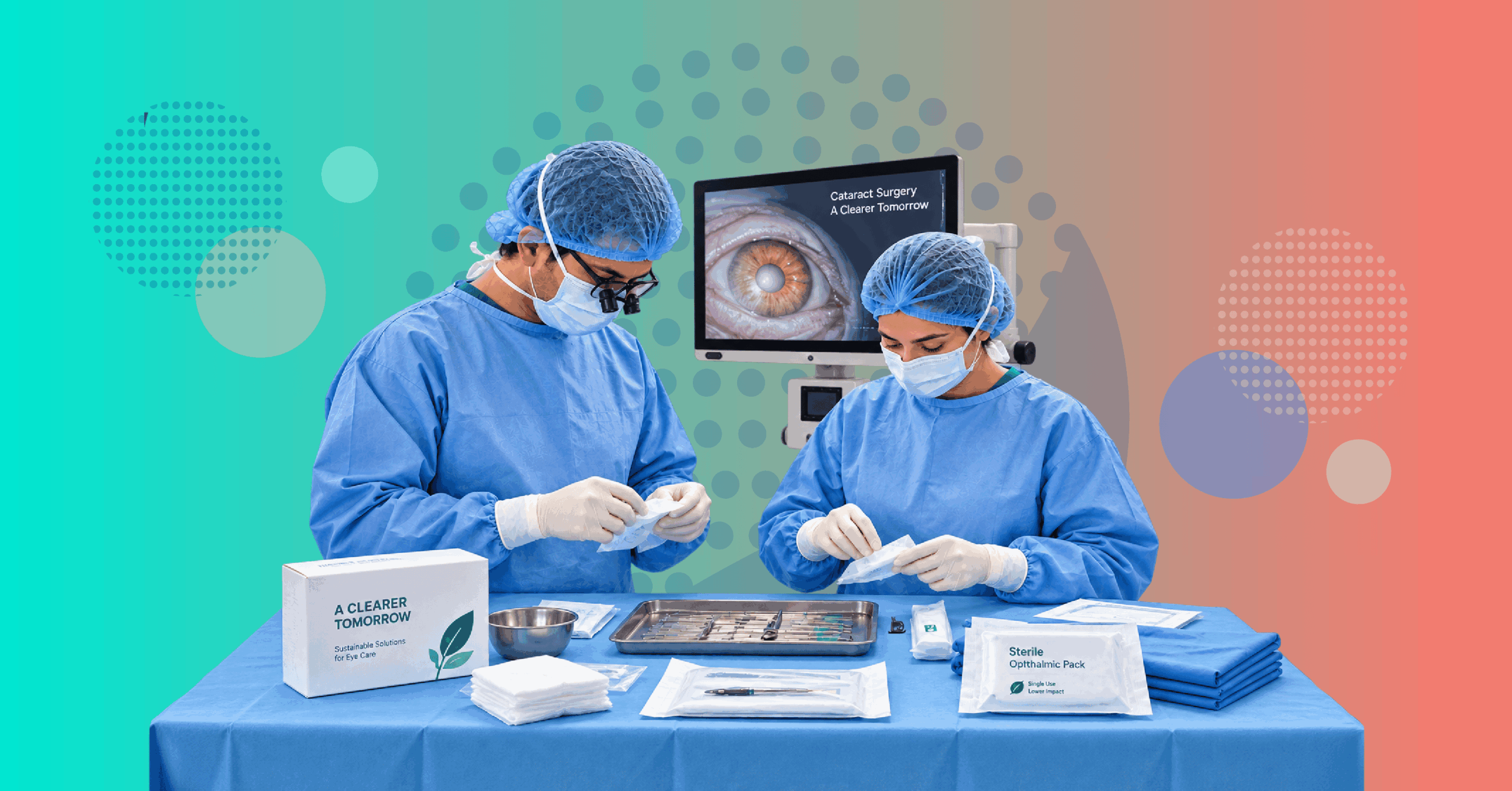 ophthalmic surgical team preparing for cataract surgery with sterile instruments disposable packs and medical packaging highlighting sustainable surgery