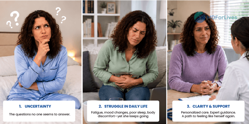menopause care infographic showing symptom impact sleep fatigue burden and incomplete support