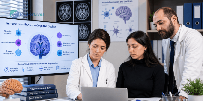 neuroimmunology infographic showing immune contributors in cognitive decline and diagnostic uncertainty in early neurodegeneration