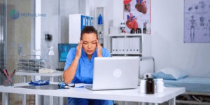 nurse balancing bedside patient care with EHR documentation compliance tasks and workflow interruptions