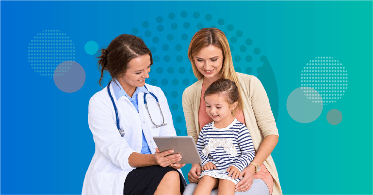 pediatrician discussing testing treatment referral and follow-up decisions with parent and child in shared decision-making consultation