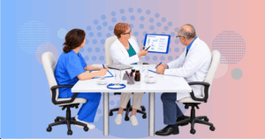 physician leader and hospital administrator reviewing clinical and operational decision trade-offs in a hospital governance meeting