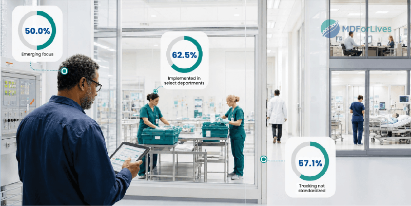 green healthcare infographic showing emerging sustainability focus departmental implementation and non-standardized tracking