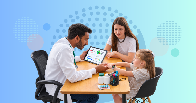 pediatrician reviewing wearable-generated data with child and caregiver in a pediatric consultation