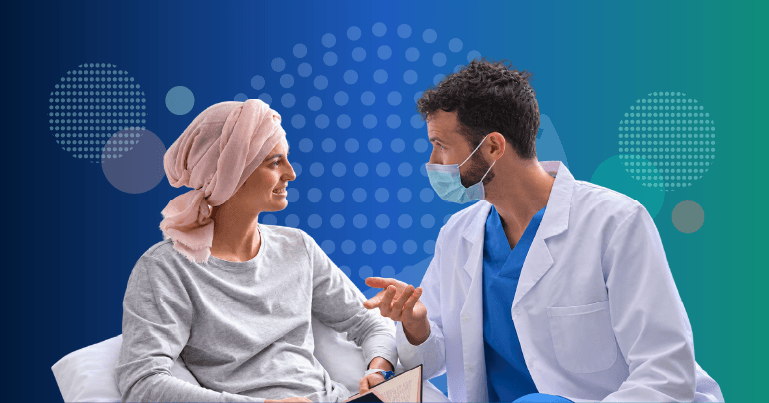cancer patient and caregiver discussing treatment options side effects and daily-life preparation with oncology team