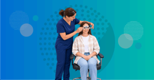 optometrist discussing blue light glasses with patient while assessing digital eye strain refraction dry eye and screen habits