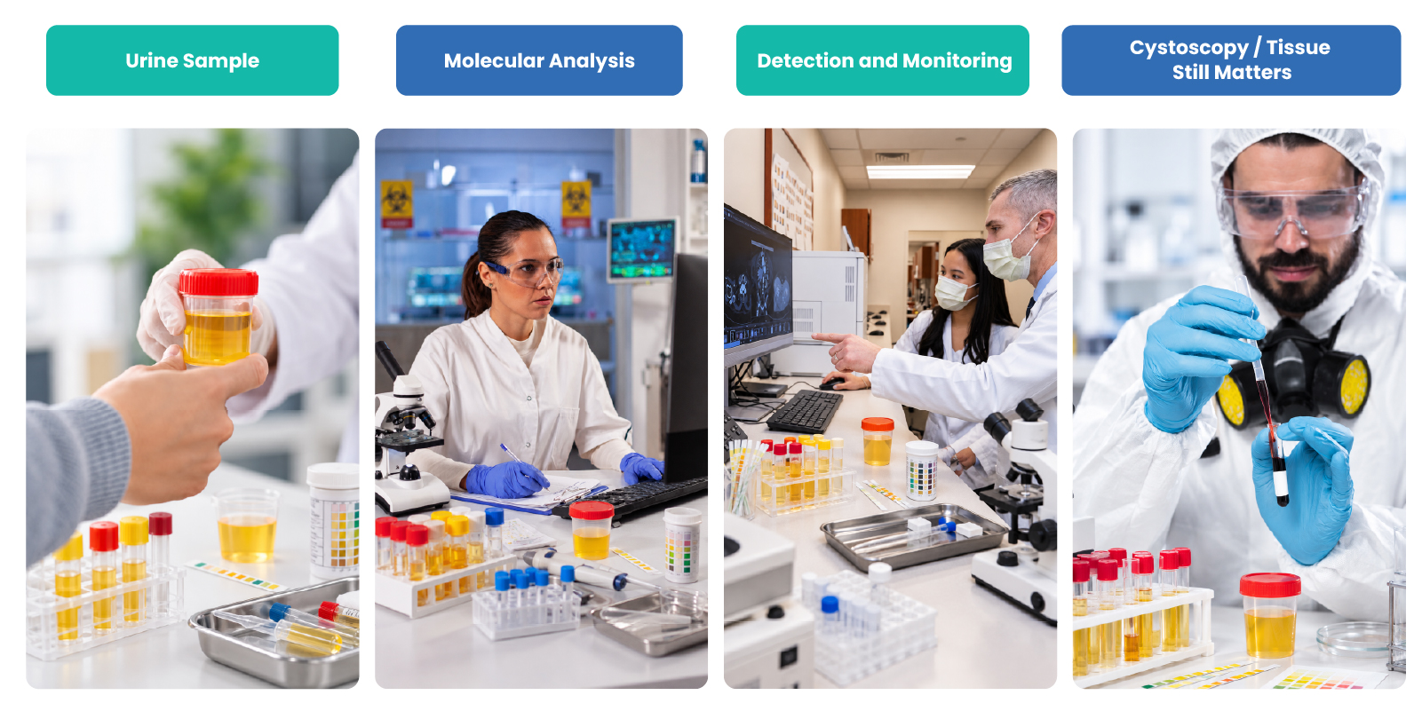 Urine liquid biopsy illustration showing tumour-derived molecular signals, laboratory analysis, bladder cancer detection and monitoring alongside cystoscopy and pathology. 