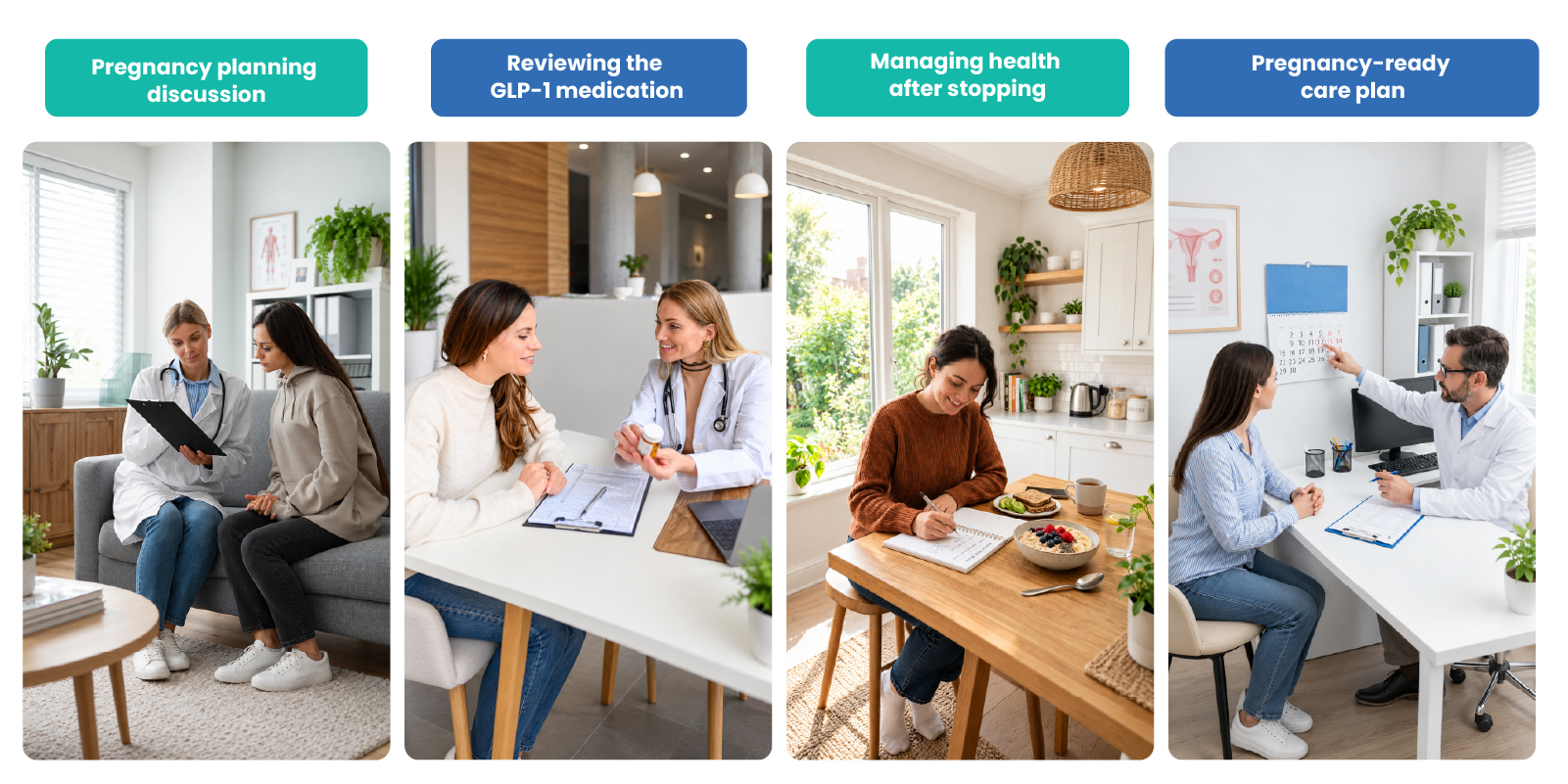Woman and healthcare professional reviewing GLP-1 treatment, medication discontinuation, metabolic health and preconception planning before pregnancy. 