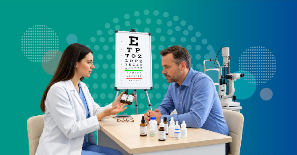 optometrist discussing presbyopia eye drops reading glasses and near-vision treatment options with a patient 